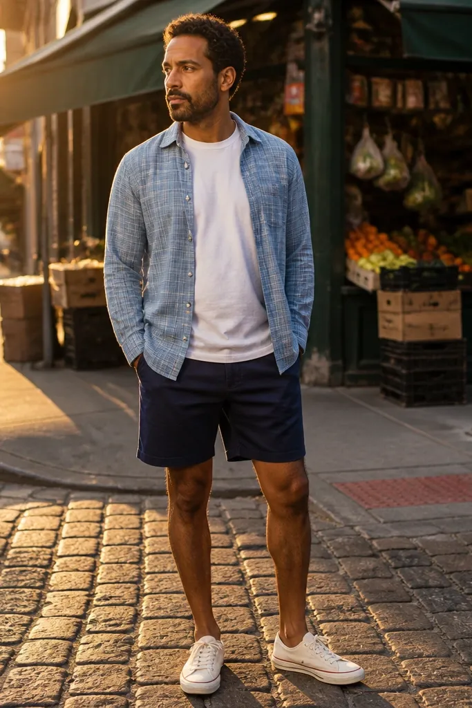 Light blue flannel over a white tee with navy shorts and canvas sneakers