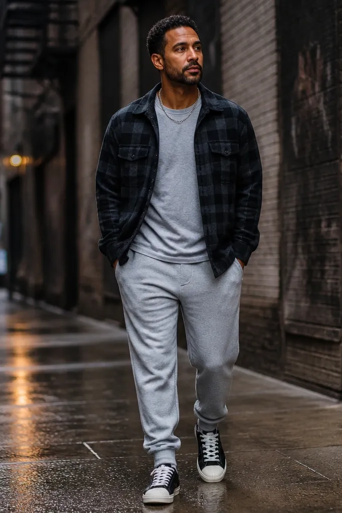 Black flannel overshirt over a tee with gray sweatpants and black-and-white sneakers