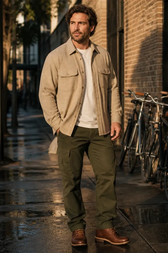Tan flannel over a white tee with dark green cargo pants and brown leather boots