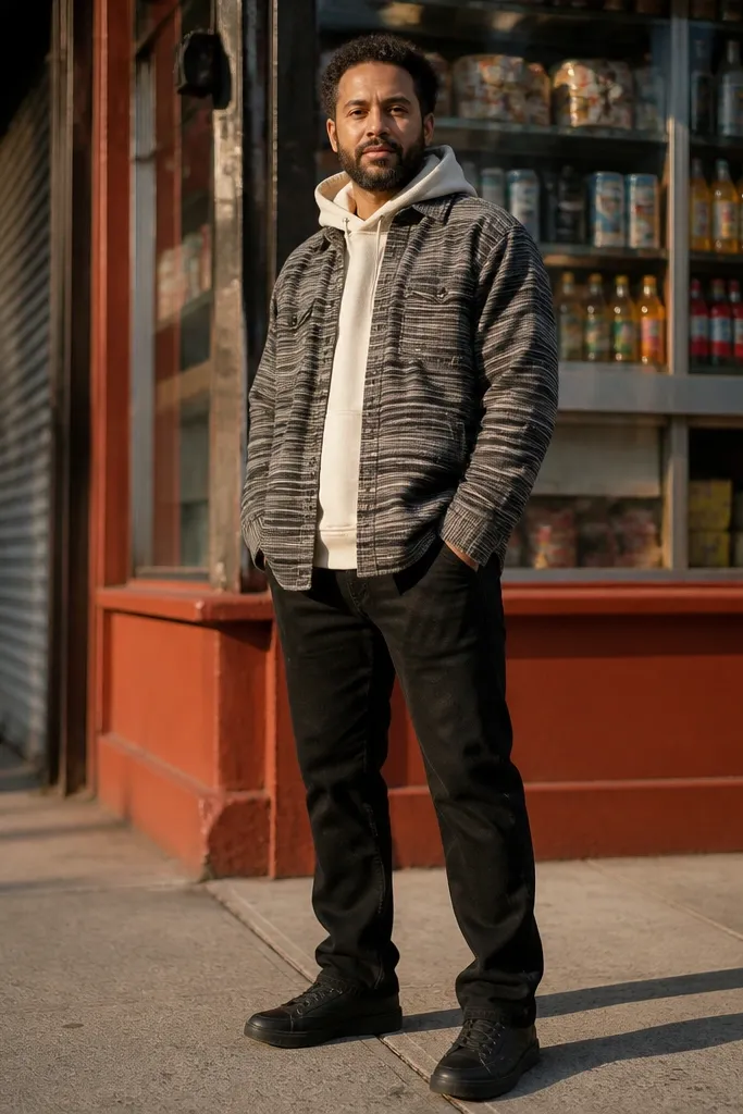 Striped flannel over a cream hoodie with black jeans and black sneakers