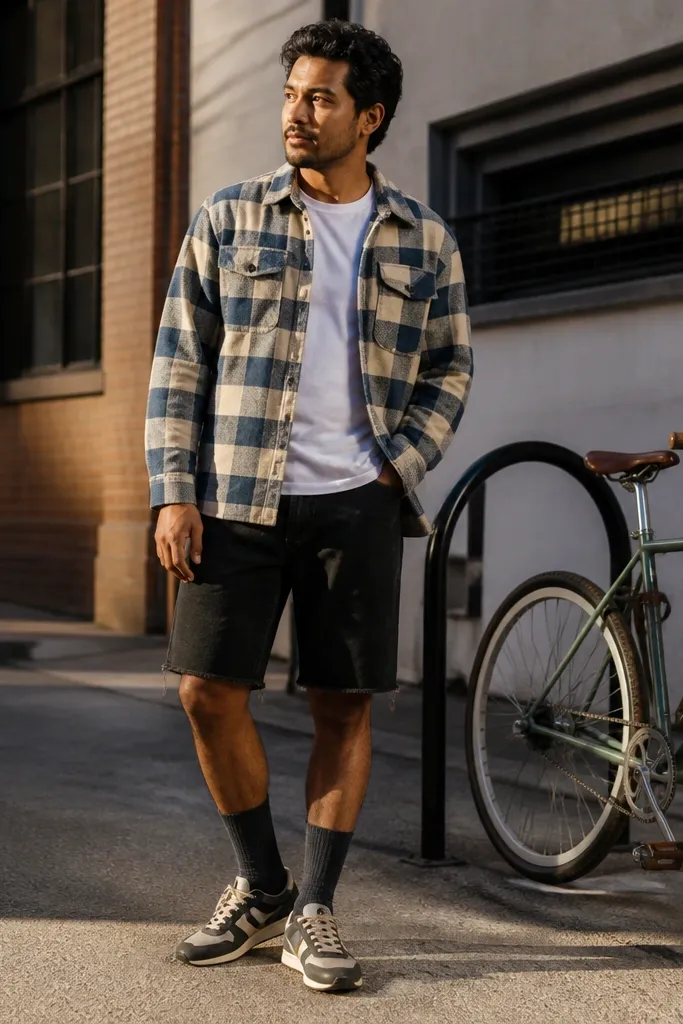 Two-tone flannel over white tee with black denim shorts, high socks, and retro runners