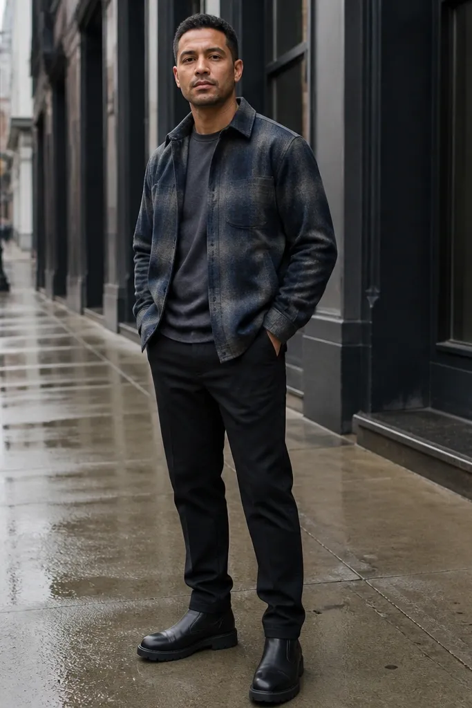 Navy and gray flannel over a charcoal tee with black chinos and chunky boots