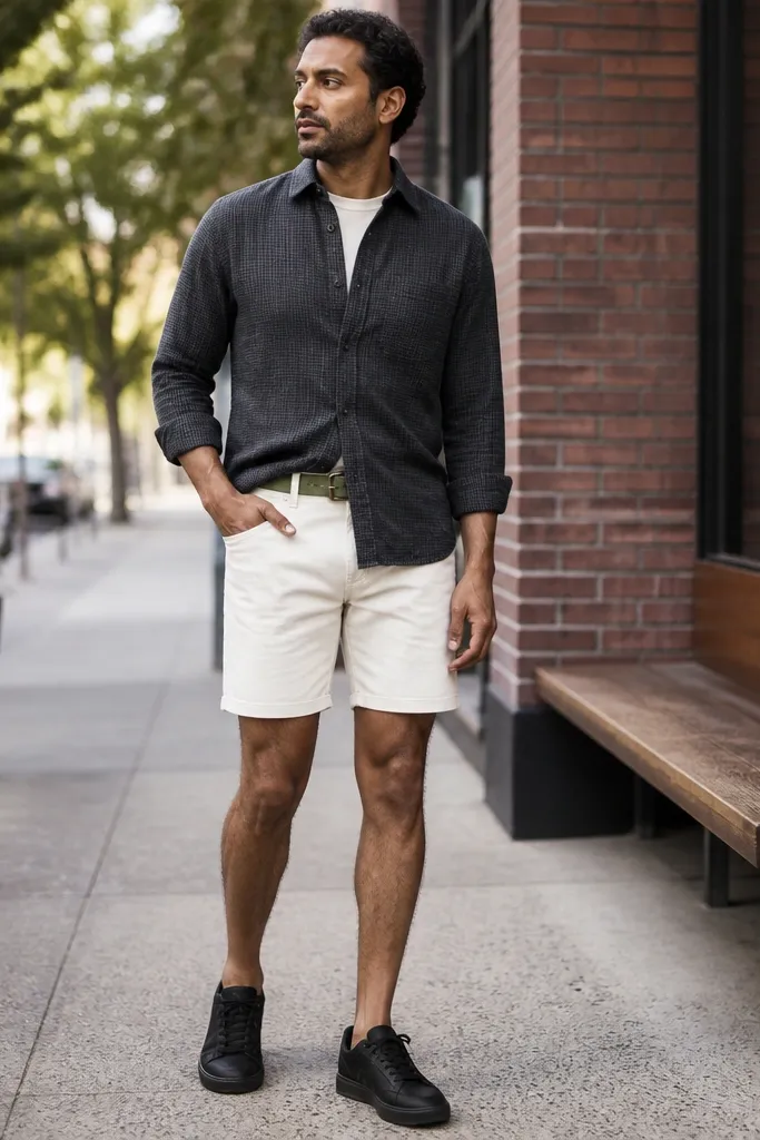 Charcoal flannel half-tucked into off-white denim shorts with white sneakers