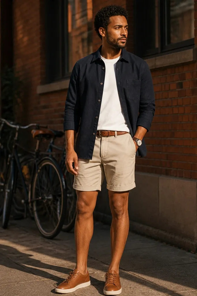 Navy flannel overshirt over a white tee with stone chino shorts and tan loafers