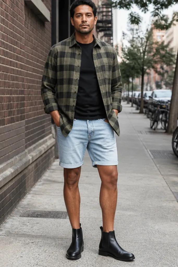 Olive flannel worn open over a black tee with light-wash denim shorts and black boots