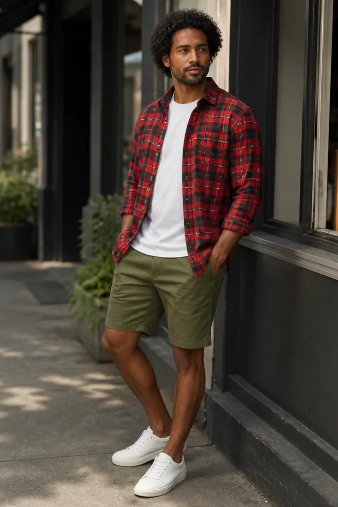 Red plaid flannel over a white tee with olive twill shorts and white sneakers