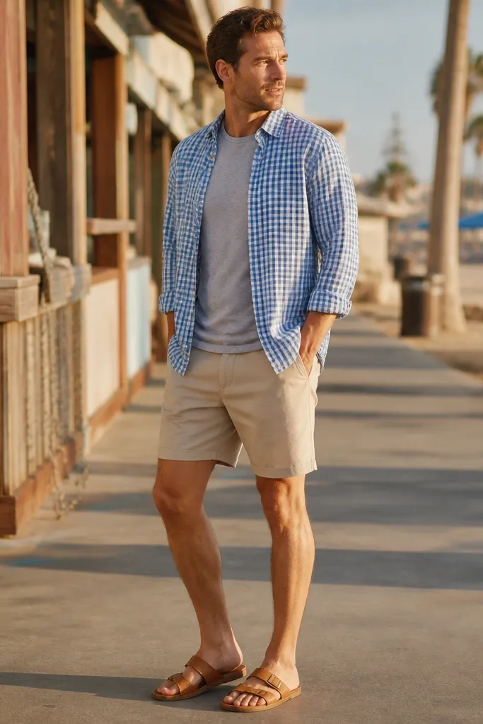 Light blue gingham flannel over a cream tee with beige shorts and tan sandals