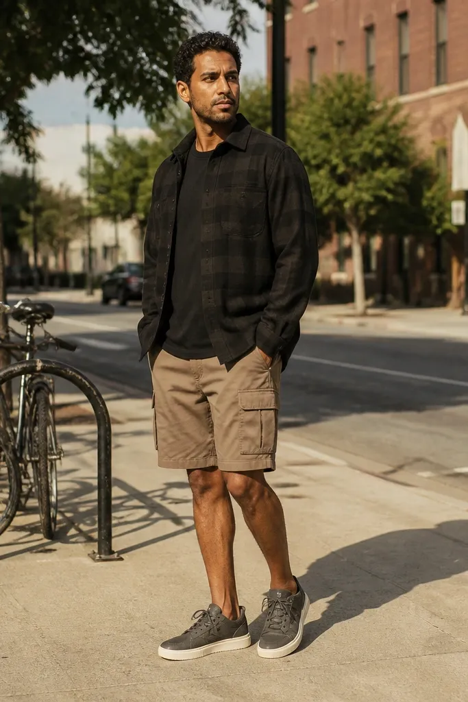 Black flannel over a black tee with khaki cargo shorts and chunky sneakers