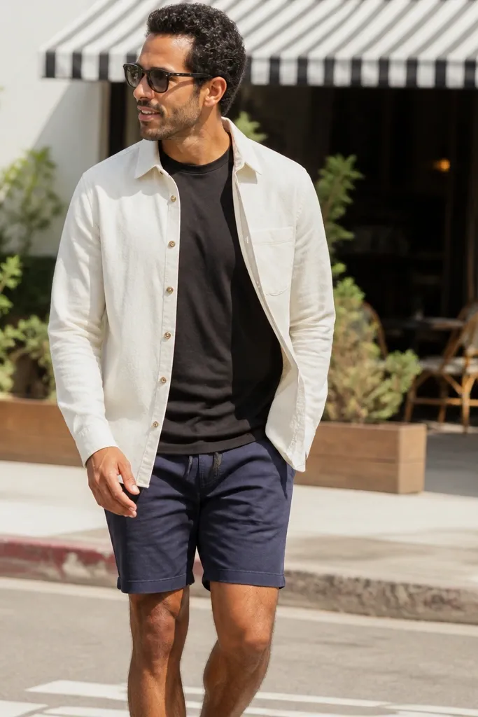 White flannel shirt worn open over navy shorts with white sneakers