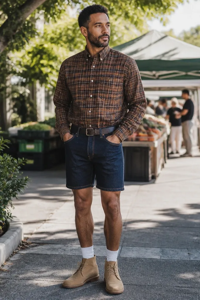 Brown flannel buttoned half over a white tee with dark indigo shorts and a denim belt
