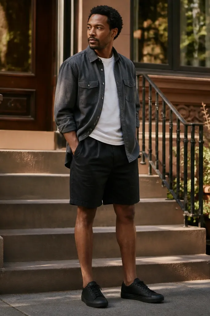 Gray flannel worn open over a white crewneck with black shorts and white sneakers