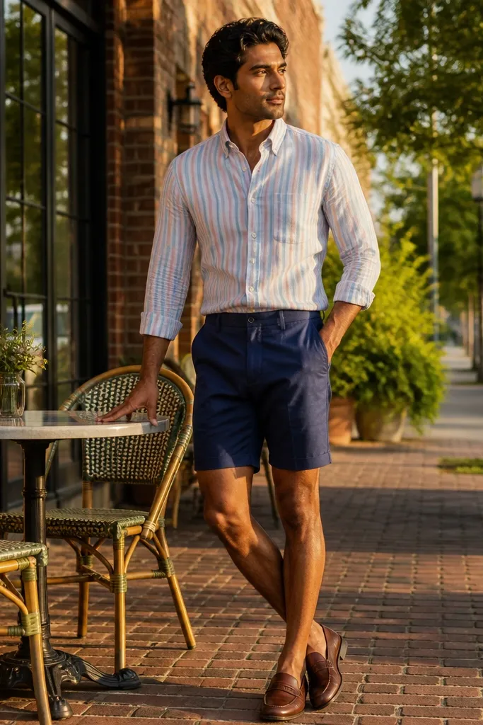Pastel striped flannel over a white tee with navy chino shorts and brown loafers