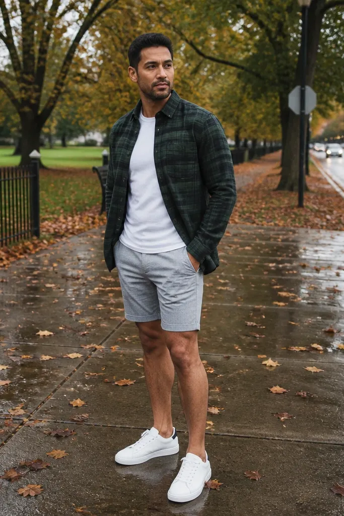 Forest green flannel over a white tee with light gray shorts and white trainers