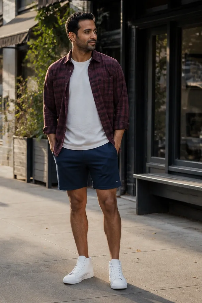 Burgundy flannel over a white tee with navy athletic shorts and white high-top sneakers