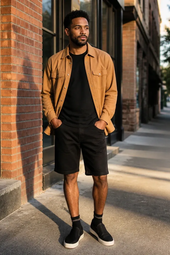Camel flannel overshirt over a black tee with black denim shorts and slip-on sneakers