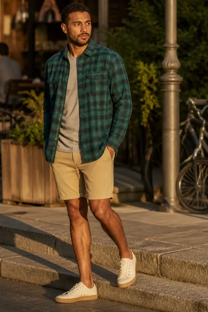 Teal flannel worn open with tan shorts and canvas sneakers