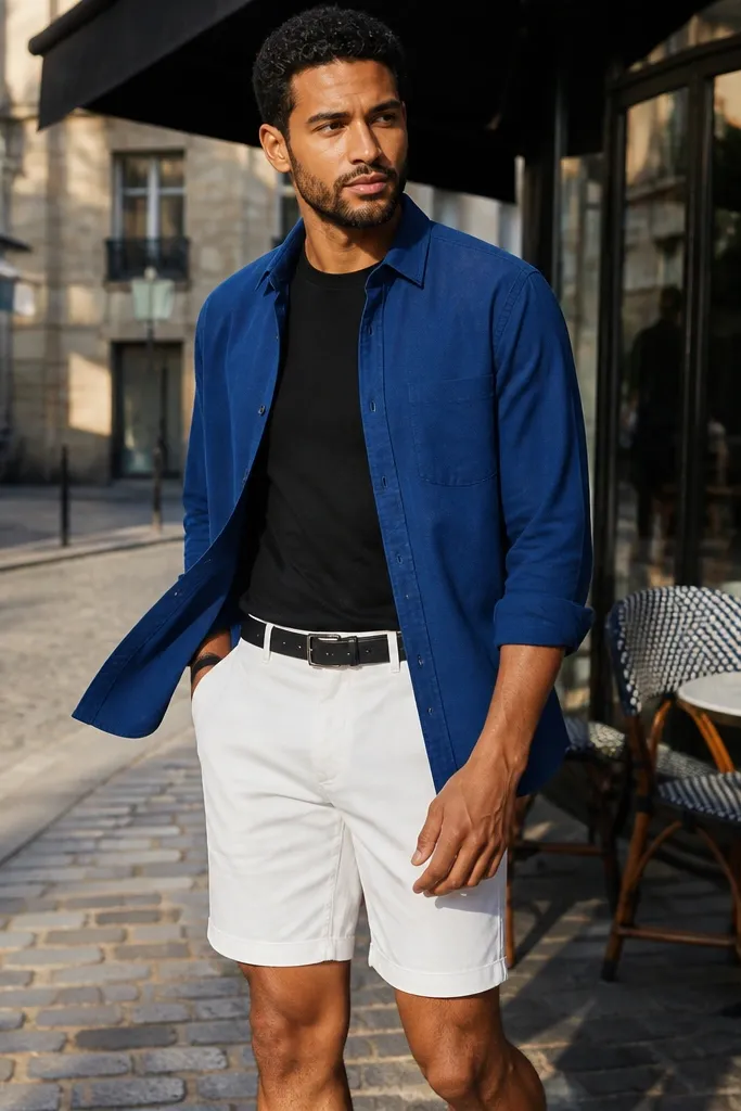 Cobalt blue flannel open over a black tee with white shorts and black belt