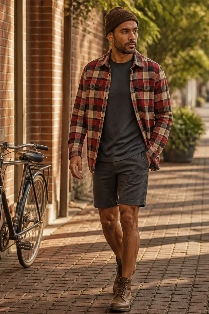 Patterned flannel open over a neutral tee with solid brown shorts and a brown beanie
