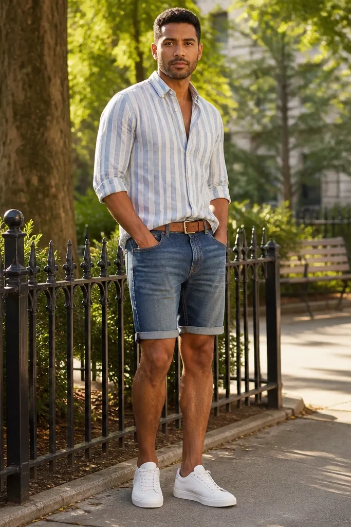 Light striped flannel with rolled sleeves over a white tee and cuffed denim shorts