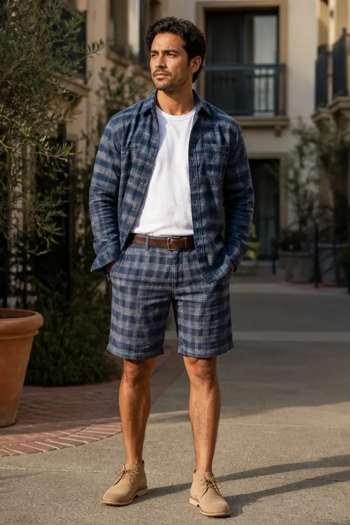 Two-tone flannel button-up worn with matching shorts in a coordinated palette and sneakers