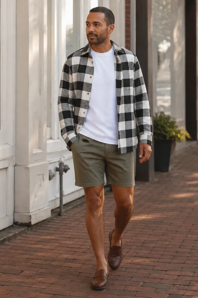Black-and-white buffalo check flannel open over a white tee with olive shorts and brown loafers