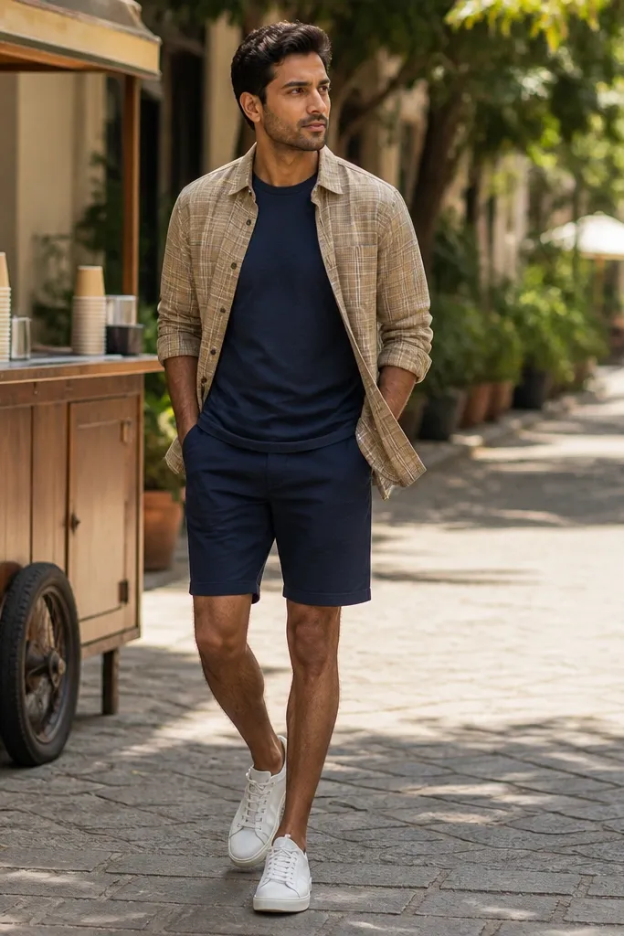 Khaki flannel overshirt over a navy tee with navy shorts and white sneakers