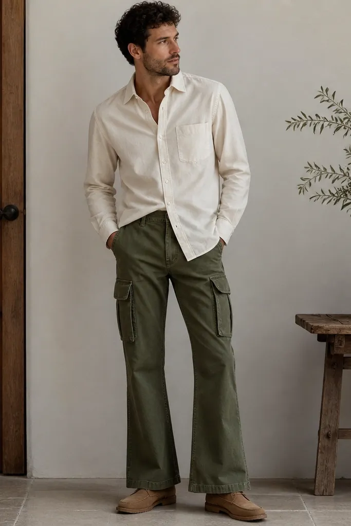 A man in olive green flare cargo pants with large thigh pockets. He wears a cream Oxford button-down with the front half tucked. His shoes are tan suede chukkas. Lighting shows the shirt texture and the cargo twill grain.