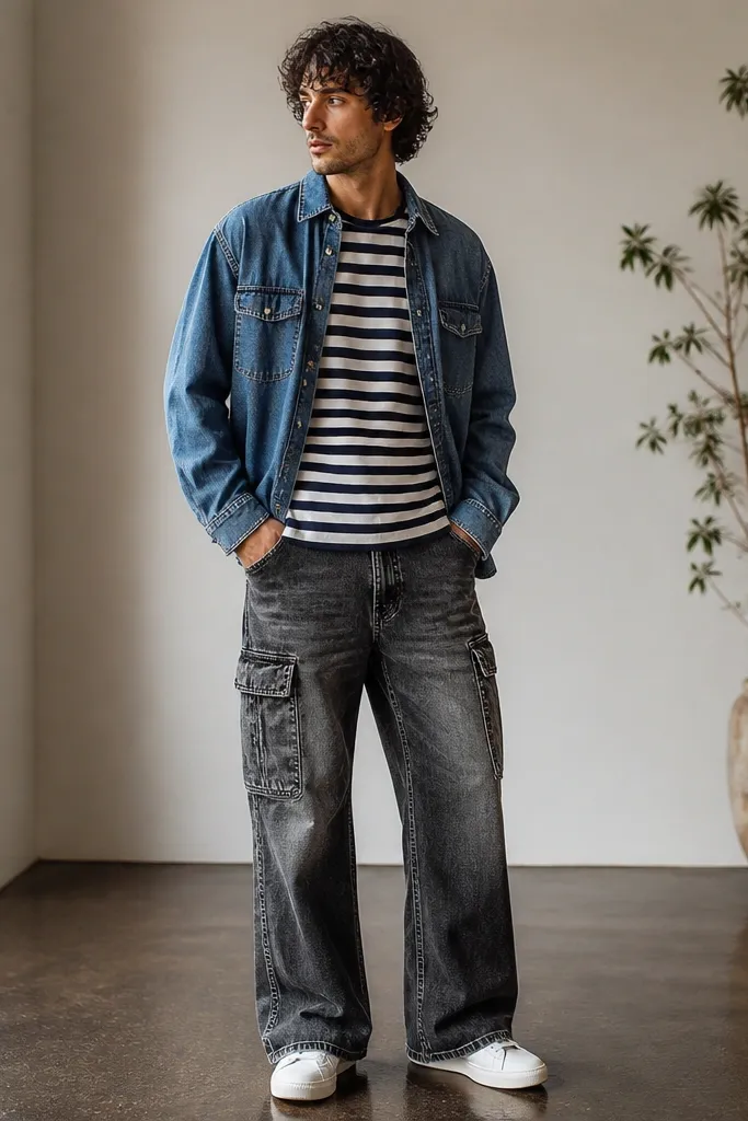 A man wearing stone wash flare cargo pants with lighter creases. He has a navy-and-white striped tee and a mid-blue denim overshirt open at the front. He wears white sneakers, and the flare shows a gentle spread below the knee.