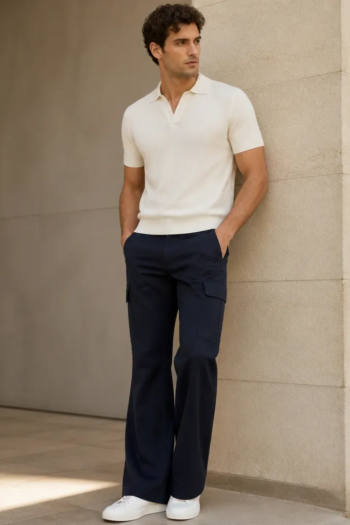 A man in navy flare cargo pants paired with a white short-sleeve knit polo. The polo has a clean collar and sits fitted at the waist. He wears all-white sneakers. The pants pockets are visible but not bulking out.