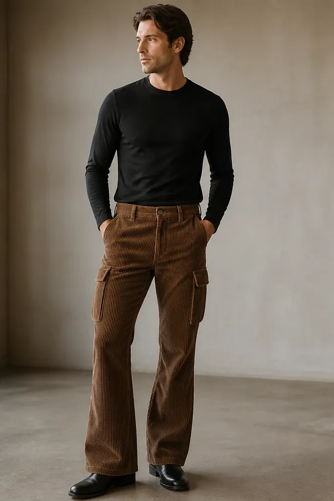 A man wearing brown corduroy flare cargo pants with visible ribs. He has a black fitted long-sleeve shirt tucked or semi-tucked. His shoes are black Chelsea boots. The lighting shows the cord texture along the flare.