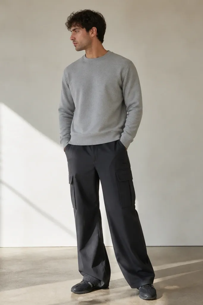 A man in charcoal gray flare cargo pants. He's wearing a heather gray crewneck sweatshirt and dark running shoes with a subtle stripe. The sweatshirt hits mid-hip and the hemline stays clean.