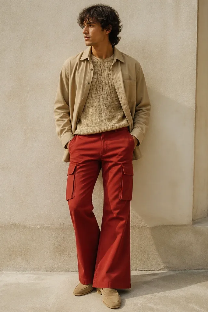 A man wearing red flare cargo pants with a matte finish. He pairs them with a neutral beige knit tee and a light tan overshirt worn open. Tan suede loafers or casual shoes sit under the flare hem.