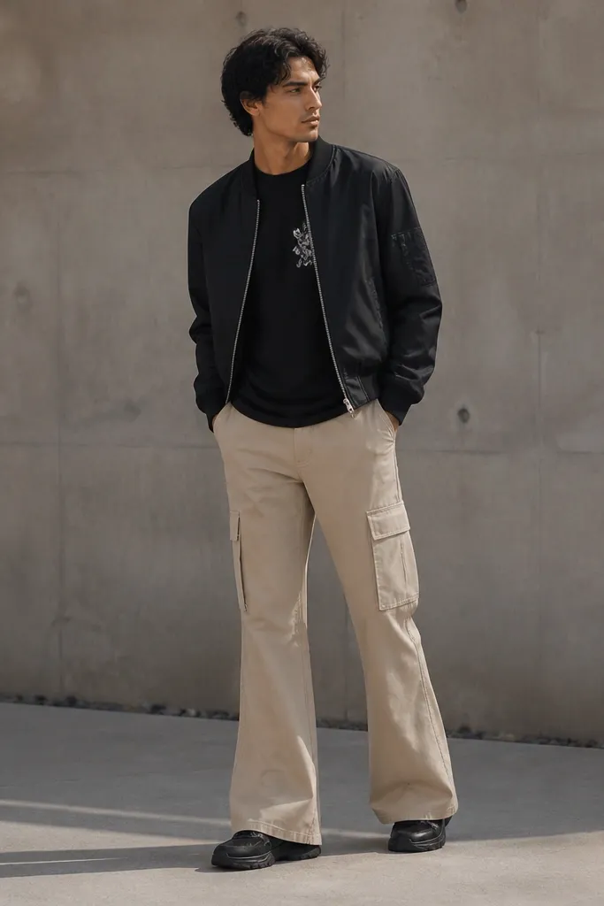 A man wearing light khaki flare cargo pants. He has a black graphic tee with a small chest print and a black bomber jacket worn zipped halfway. He wears black sneakers. The flare is visible below the knee.