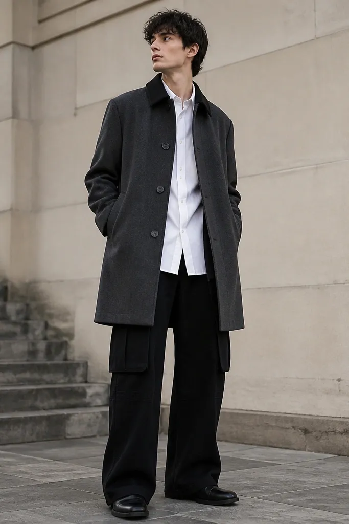 A man in black flare cargo pants wearing a crisp white button-up shirt. Over it, he wears a longline casual coat in dark gray. Shoes are black leather boots. The coat hem sits above the cargo pockets for a layered look.