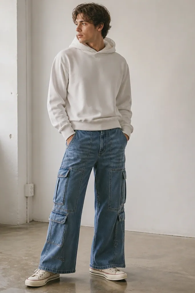 A man wearing denim blue flare cargo pants with stitched seams and a worn-in look. He has a white hoodie and canvas high-top sneakers. The hoodie is worn slightly oversized but not long; the hem sits at the waistband.
