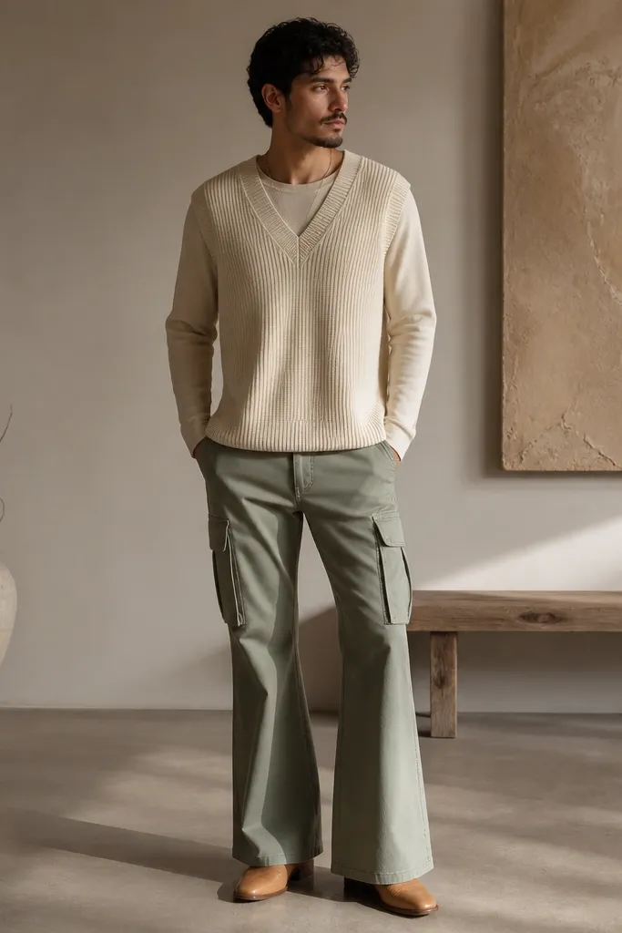 A man wearing sage green flare cargo pants. He has a cream sweater vest over a long-sleeve base layer. The outfit looks layered with warm tones. Shoes are light brown leather loafers or low boots.