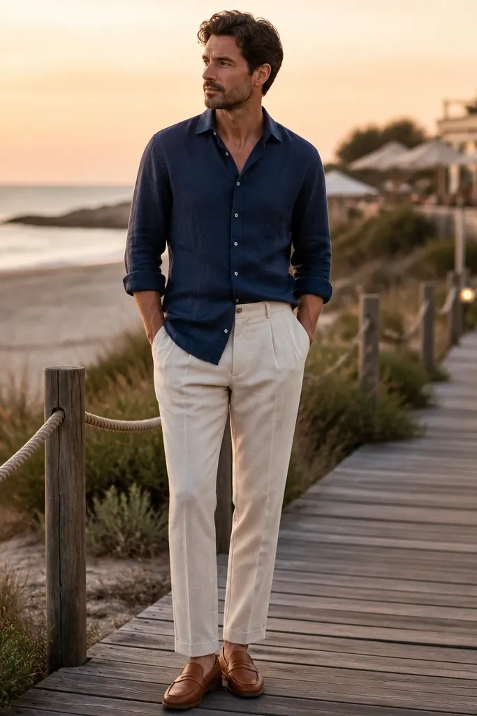 A men's beach dinner outfit: a navy linen button-up with sleeves rolled to mid-forearm, worn untucked over stone-colored pleat-front trousers. Tan leather loafers with a low profile. A thin brown belt matches the shoes. Background shows a sandy boardwalk and soft sunset light.