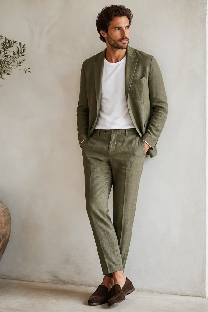 A lightweight olive linen blazer worn open over a white crew-neck tee. Matching olive linen trousers with a slightly cropped hem. Dark brown suede loafers. The blazer has one chest pocket and visible linen texture.