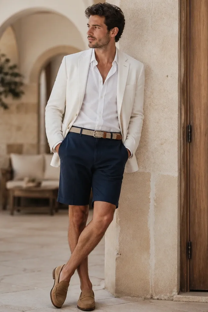 A white linen button-up worn slightly open at the collar, paired with tailored navy shorts that sit at the knee length. A light linen blazer in off-white is worn open. Tan canvas belt and classic loafers.