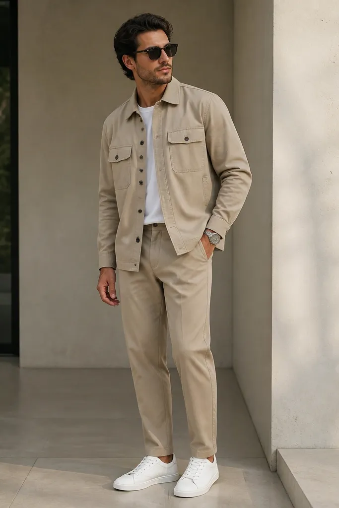 A sand beige overshirt with a button front and chest pockets, worn with matching sand trousers. Clean white low-top sneakers with no visible scuffs. Minimal accessories: a simple silver watch and sunglasses.