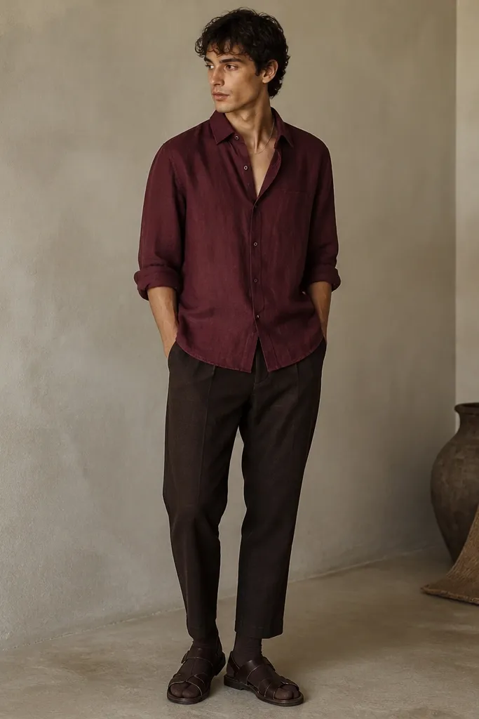 A burgundy linen button-up with sleeves rolled, paired with black-brown trousers that taper slightly. Leather sandals with a minimal strap and dark socks folded down. A thin chain necklace peeks at the collar.
