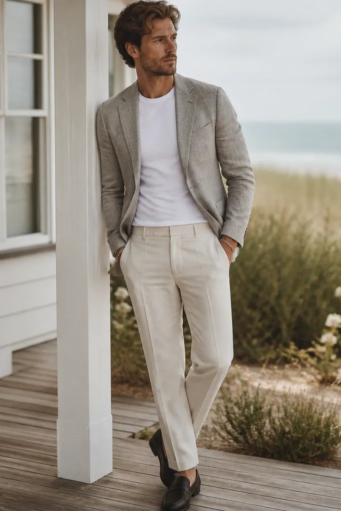 A light grey linen blazer worn open over a fitted white crew-neck tee. Ecru trousers with a straight leg and a clean hem. Dark loafers and a simple bracelet. The photo is outdoors near a beach house porch.