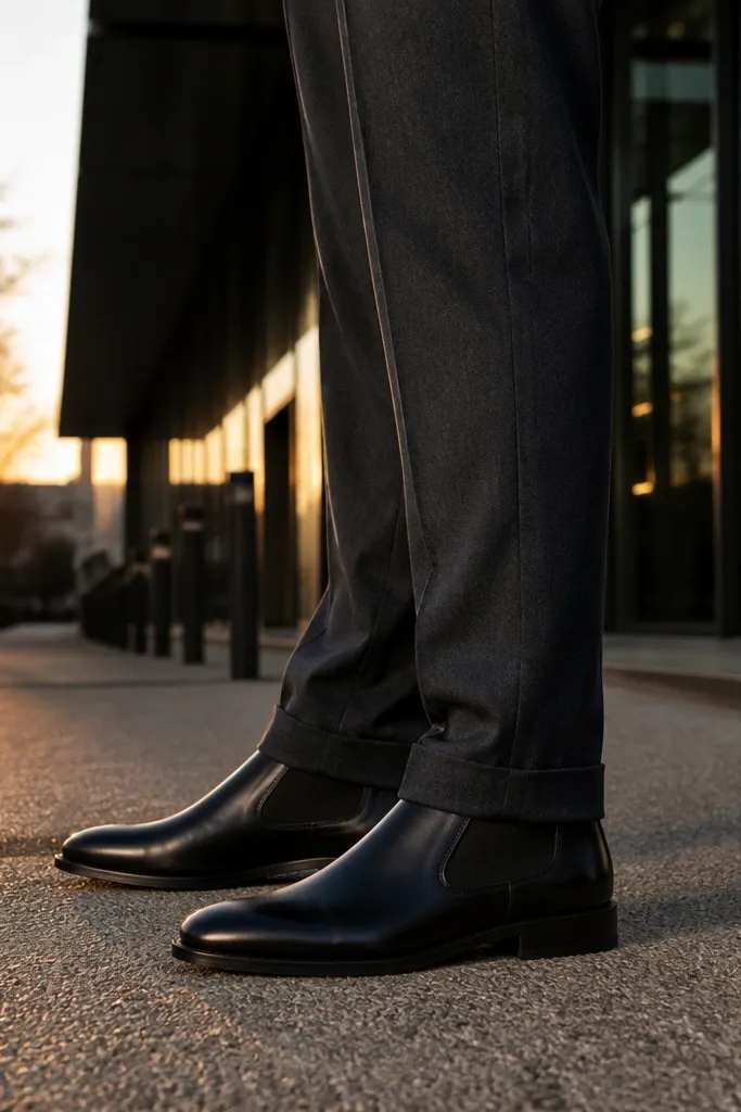 A full-body mirror photo showing black polished leather Chelsea boots with elastic sides, worn with a charcoal grey tailored suit. The trouser hem falls in a half break, stopping just above the boot top. A crisp white dress shirt and a slim black leather belt sit under a single-breasted jacket with a clean lapel.