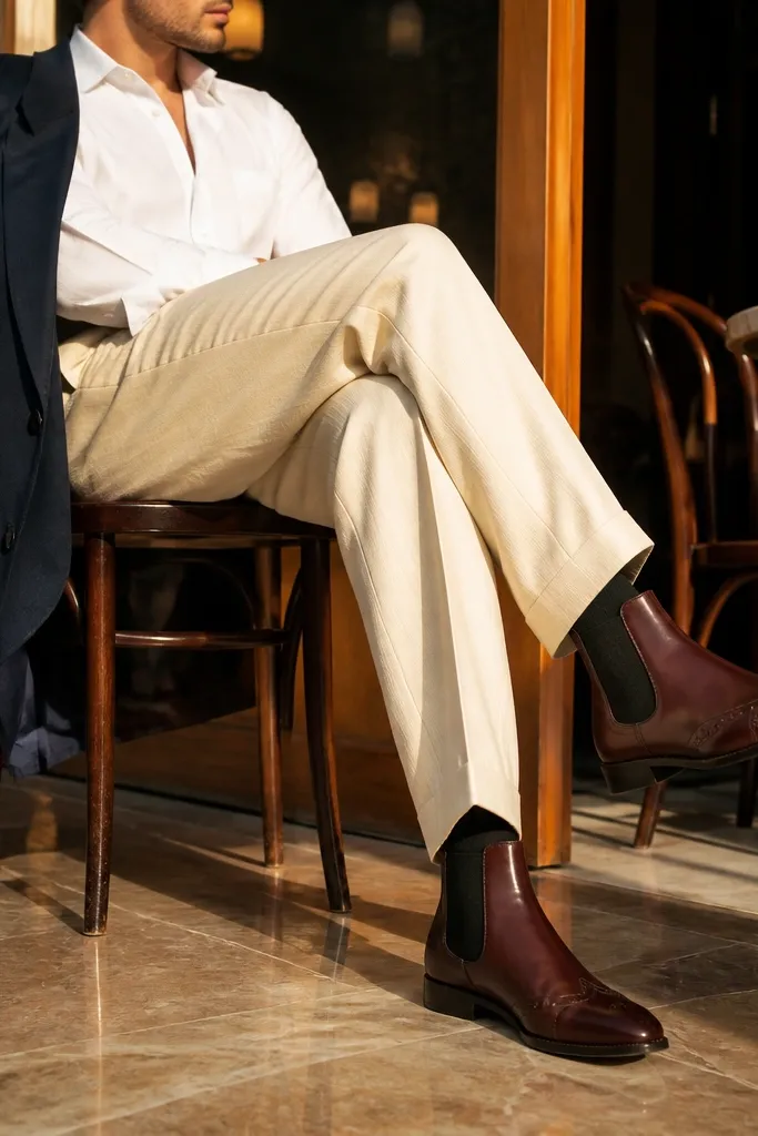 The image shows oxblood leather Chelsea boots paired with a navy blazer and cream chinos or trousers. The trousers have a clean break with a slight stack at the boot top. A light blue Oxford shirt sits under the blazer, and the belt is a deep oxblood tone.