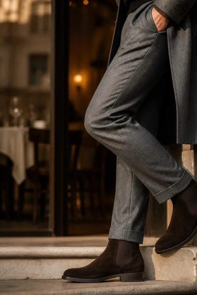 A close-up and full-body view of dark brown suede Chelsea boots with a matte finish, worn with medium grey flannel trousers. The hem has a slight break and sits above the boot top. A light grey knit polo and a charcoal overcoat appear in the background, plus a brown suede belt.