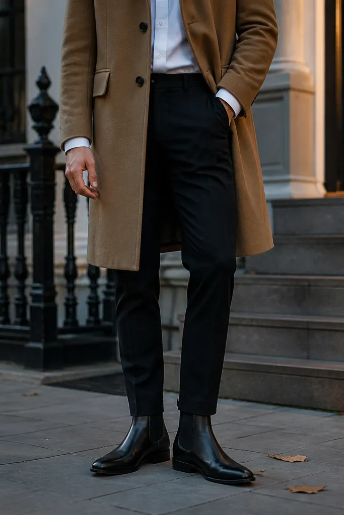 A street-style shot showing black Chelsea boots paired with black trousers and a white button-down. A camel overcoat hangs to mid-thigh, and the boot top is visible at the ankle. The belt is black leather, and the socks are black.