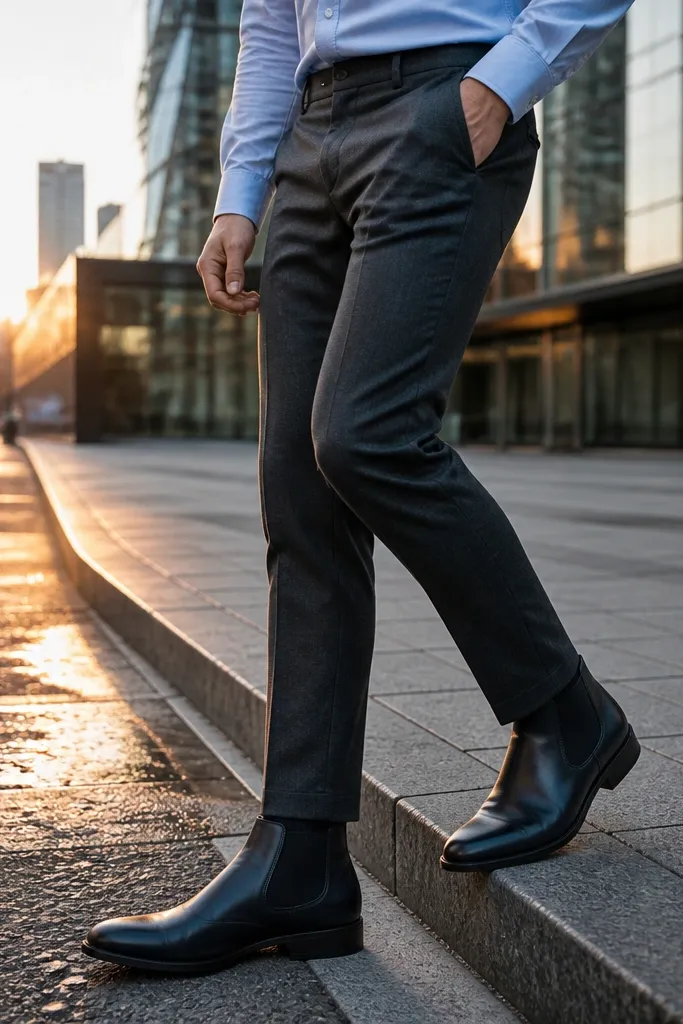 A full outfit showing navy leather Chelsea boots with a subtle shine, paired with dark grey trousers. A light blue dress shirt sits inside the waistband, and a navy overcoat is layered on top. The belt is navy or dark blue leather, and the sock colour matches the trousers.