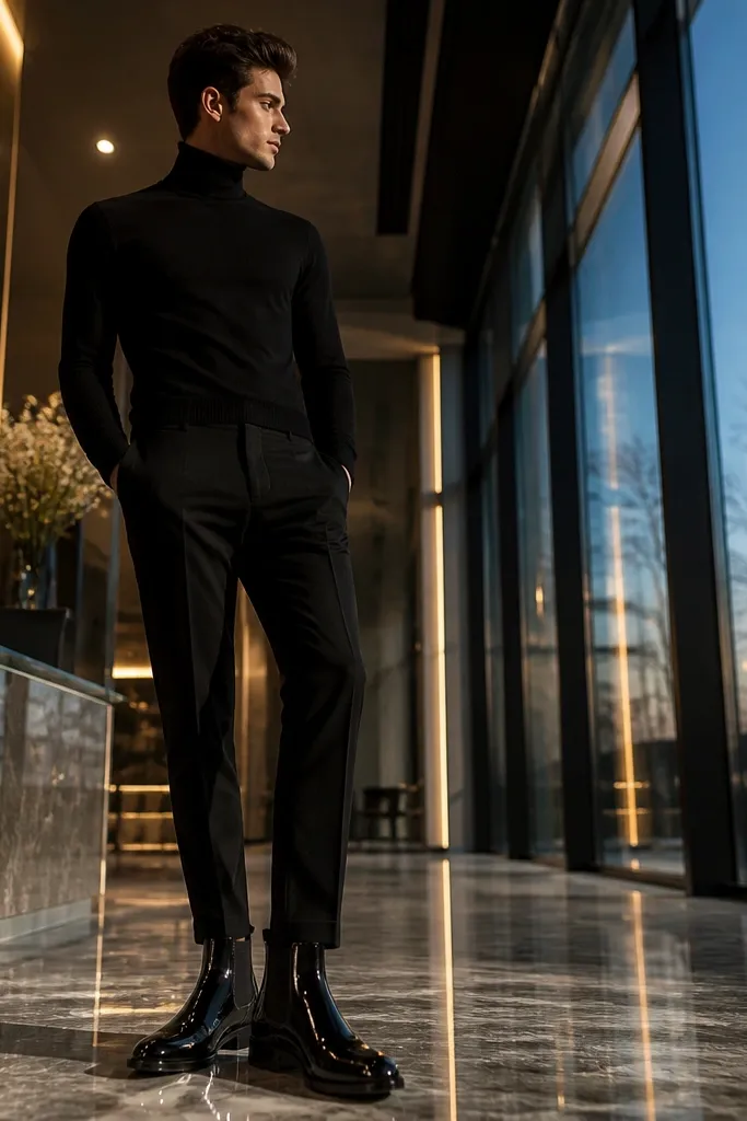 A sleek look with patent black Chelsea boots (high shine) paired with black tailored trousers. A black turtleneck sweater is tucked or layered neatly at the waist. A long black coat and minimal silver hardware appear, with black socks hidden under the hem.