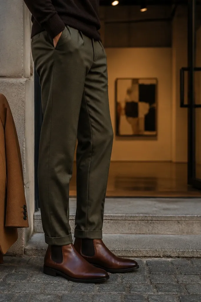 Walnut leather Chelsea boots with a warm brown tone are worn with olive trousers and a camel blazer. The trousers have a slight break and the boot shaft is visible. A white crew-neck shirt appears under the blazer, with a brown leather belt matching the boots.
