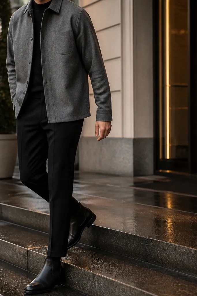 A smart-casual formal look showing black Chelsea boots with black trousers. A grey structured over-shirt is buttoned and worn over a white tee. The hem has a clean break with the boot top visible. A black leather belt and a dark watch finish the outfit.